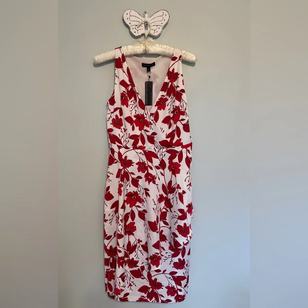Banana Republic Dress Red and White Floral Leaf Faux Crossover Size 4 NWT - Picture 2 of 13